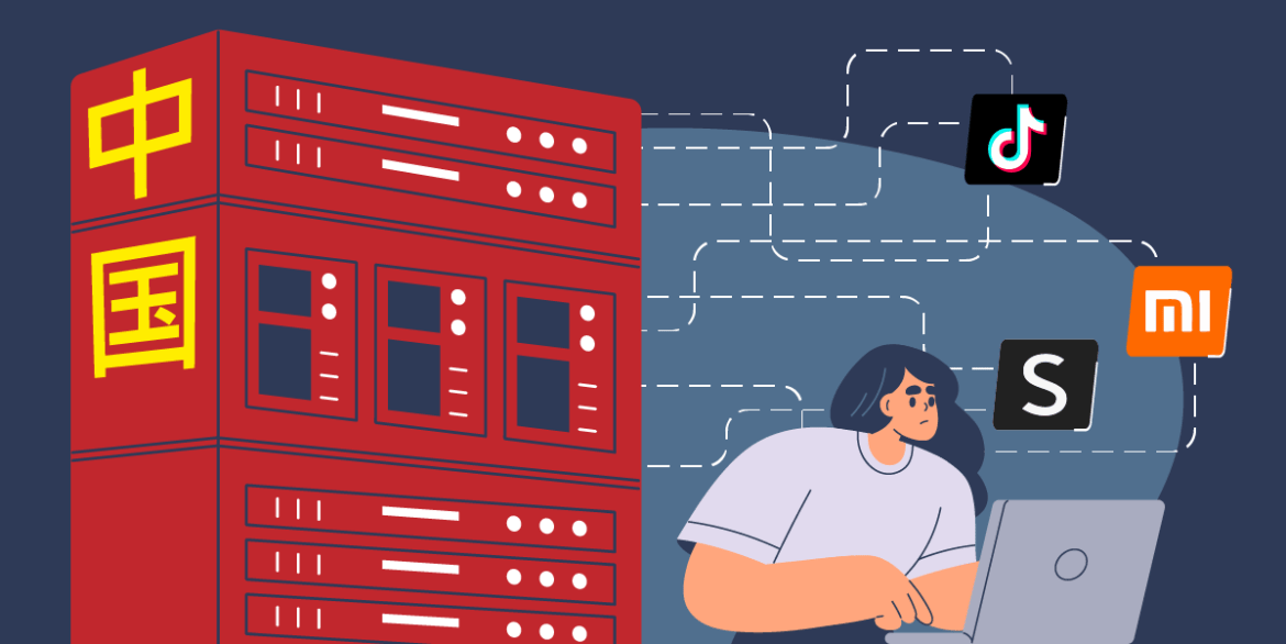 A woman with a laptop on her lap sits in front of a large red server symbolising data transfers to China. On her right, there's the logos of TikTok, Xiaomi and SHEIN. They are connected to the server through dotted lines..